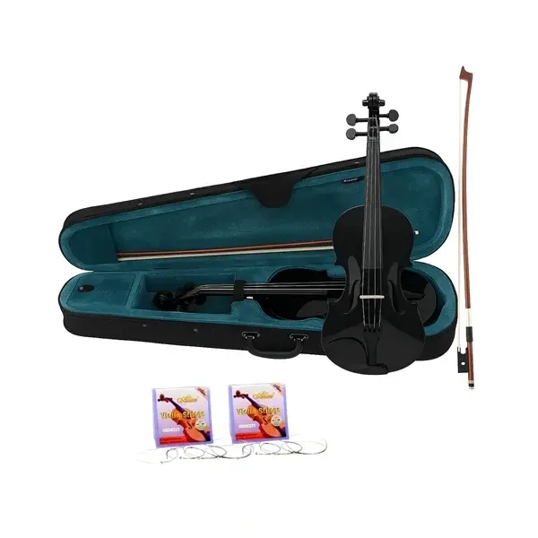 Set vioara clasica din lemn pentru copii 1 8, doua seturi corzi si arcus 1 8, DEPOX , 43 cm, finisaj lucios negru