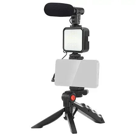 Set vlogging Platinet 4in1 PMVG4IN1, Microfon, Lampa LED, Suport smartphone, Trepied de masa (Negru)