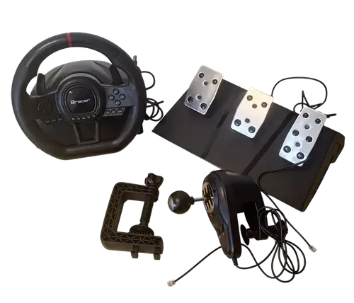 Set volan cu pedale si schimbator Tracer SimRacer TRAJOY47345 GameZone, 6in1, PlayStation 4, PC, Xbox One, Series X/S, Nintendo Switch (Negru)