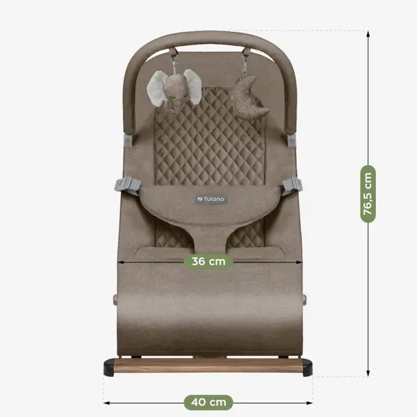 Sezlong balansoar pentru bebelusi Tulano Moon 30 Beige cu spatar reglabil in 4 pozitii,centura de siguranta,sezut anatomic,bara cu jucarii,pliere compacta,baza antiderapanta,tapiterie UltraSoft