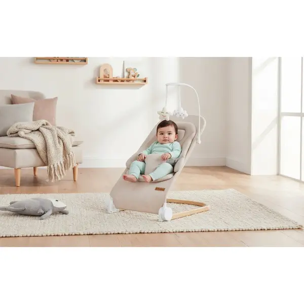 Sezlong balansoar Tulano Moon 50 Beige cu spatar reglabil in 4 pozitii,pernuta reductor,centura de siguranta,sezut anatomic,bara cu jucarii,pliere compacta,baza antiderapanta,tapiterie UltraSoft
