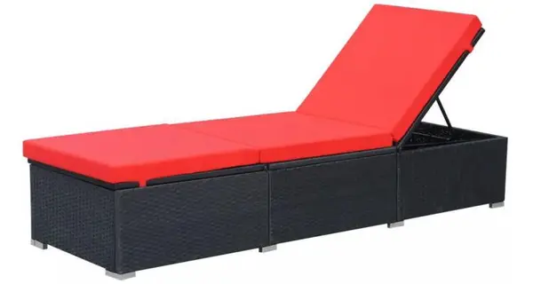 Sezlong de exterior, poliratan, 195 x 60 x 31 cm, negru si rosu