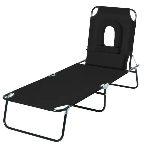 Sezlong Pliabil Outsunny cu Orificiu pentru Fata si Perne, pentru Gradina, Plaja si Camping, Negru | Aosom Romania