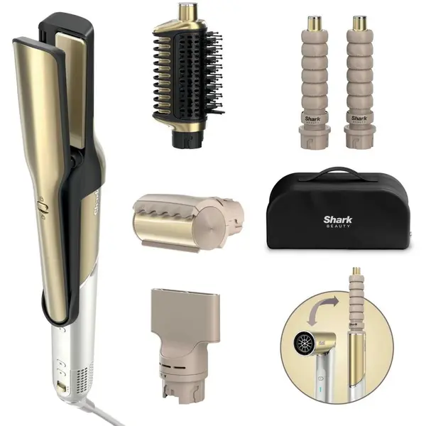 SHARK Multistyler 6-in-1 Shark Glam Ceramic HD6051SEU, Placa Silki cu aer cald, Perie Glossi pentru Volum, Uscator de Par, 6 Moduri de Coafare pentru Par Umed-Uscat, 1500 W, Auriu-Alb