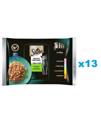 SHEBA Delicacy Fine Flakes pliculete pentru pisici 52x85 g hrana umeda bucati in aspic cu: somon, peste alb, pui, curcan