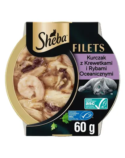 SHEBA Filets pui, pește oceanic și creveți în sos 60 g hrană pisici