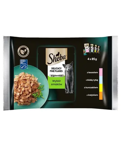 SHEBA Fine Flakes in Jelly hrană umedă pentru pisici adulte în jeleu 4 x 85 g (cu pește alb, somon, curcan și pui)