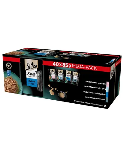 SHEBA Sauce Collection Arome de pește pliculețe de sos 40x85 g cu somon, pește alb, ton, cod