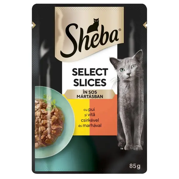 SHEBA Select Slices, Pui și Vită, plic hrană umedă pisici, (în sos), 85g