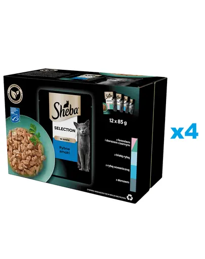 SHEBA Selection varietate plicuri in sos 48x85 g hrana umeda cu somon si cod, peste alb, peste oceanic, cod pentru pisici