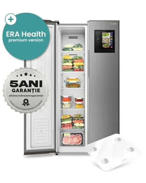 Side-By-Side ALLVIEW ERA FS400 + Cantar ERA Scale SB1 + Aplicatia ERA Health, 400 l, Clasa F, Ecran LED+IPS HD 10inch, Total No Frost, Racire rapida, Super congelare, Wi-Fi, Bluetooth, Camera video ultra-wide, H 171.2 cm (Argintiu)
