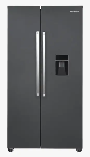 Side-By-Side HEINNER HSBS-HM529NFINVDGWD, 529 L, Clasa E, Dozator de apa, Lumina LED, Functie Vacanta, ECO, Super Congelare, Alarma usa deschisa, H 177 cm (Gri antracit)