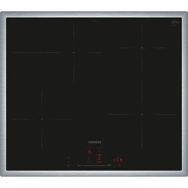 SIEMENS Plita incorporabila cu inductie Siemens EH645HFB1E, iQ300, cu cadru, 4 zone de gatit, 17 niveluri de putere, 60 cm, Home Connect, Negru-Inox