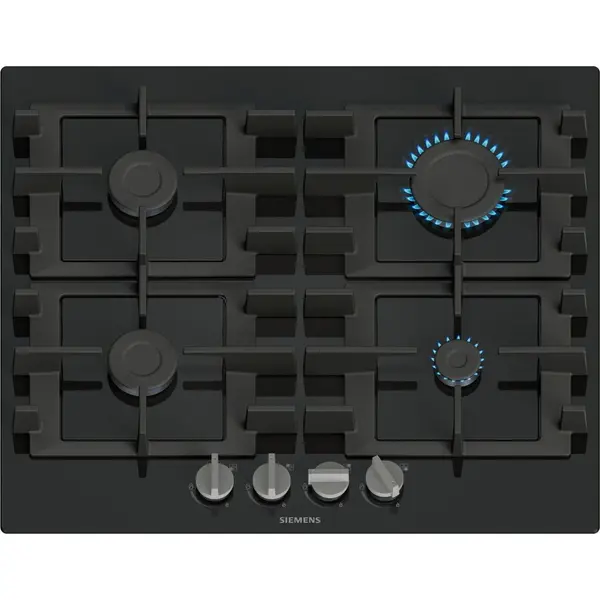 SIEMENS Plita pe Gaz Siemens EN6B6PK40, 59 cm, 4 Arzatoare, Sticla Neagra Quartz, Suporturi Fonta, Siguranta Gaz