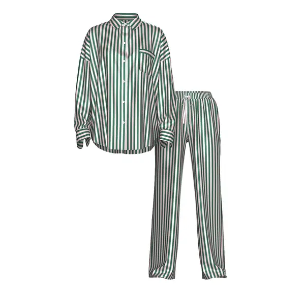 Signature satin oversized long pajama set - prettiest pine & angel pink stripes S