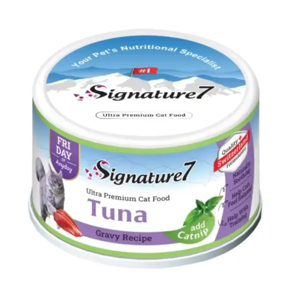 SIGNATURE7, Ton și Catnip, conservă hrană umedă fără cereale pisici, (în sos), 70g