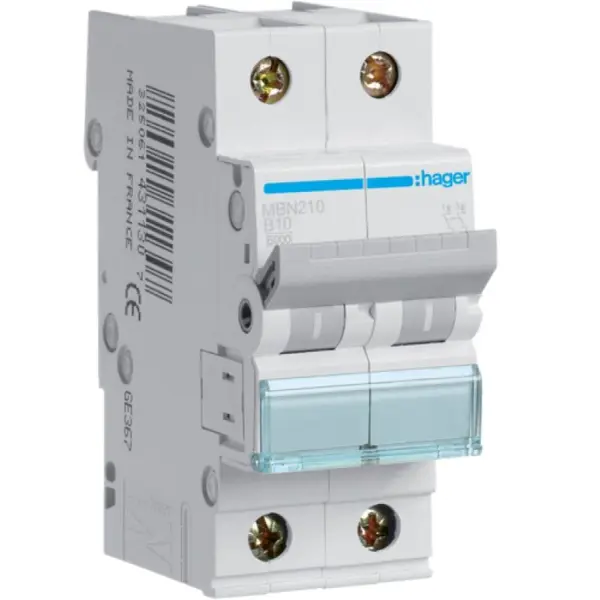 Siguranta automata 2P, 10A, 6kA, curba B Hager MBN210