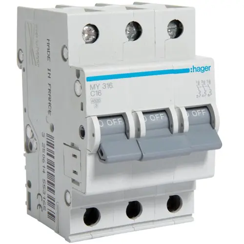 Siguranta automata 3P, 16A, 4,5kA, C, Hager MY316