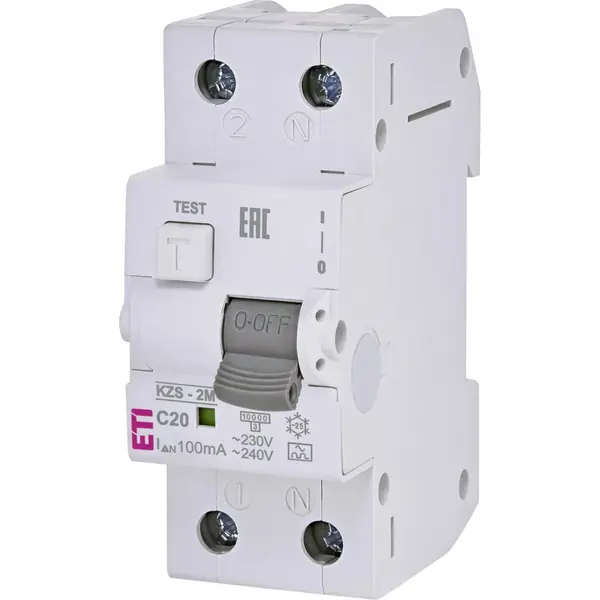 Siguranta automata diferentiala RCBO 1P+N 20A / 100mA , curba C, TIP A 10kA KZS-2M Eti 002173725
