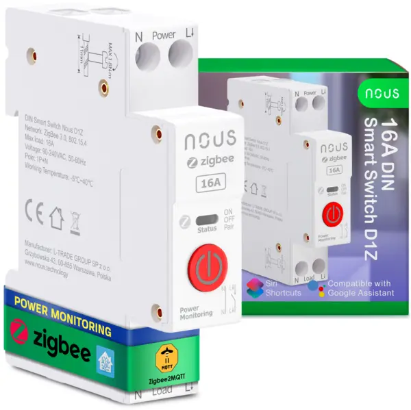siguranta inteligenta nous d1z, 16a, zigbee, 1 canal, monitorizare energie, montare pe sina din