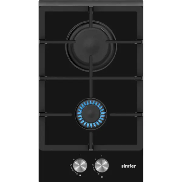 Simfer Plita incorporata pe gaz Simfer H3.201.TGRSP, 30 cm, 2 arzatoare, control frontal, suport pentru tigai din fonta, butoane cu capac din inox, sticla neagra