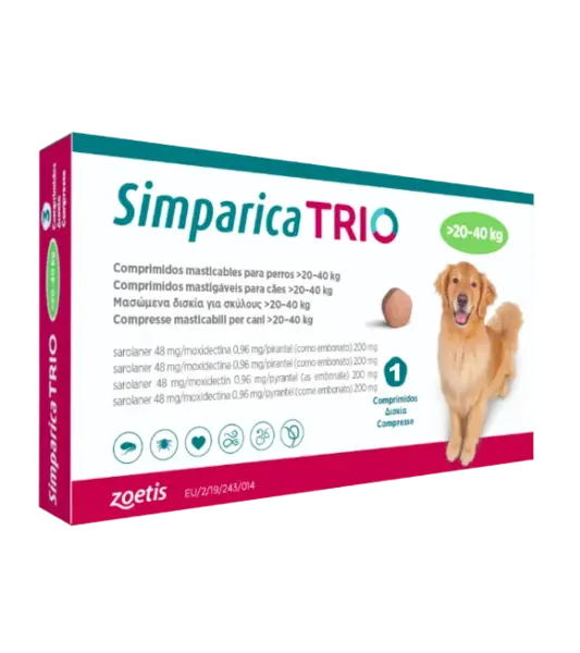 Simparica Trio Caini 48 mg (20.1 - 40 kg) Deparazitare interna si externa, 3 x comprimate masticabile
