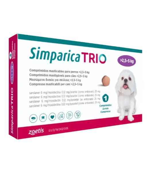 Simparica Trio Caini 6 mg (2.6 - 5 kg) Deparazitare interna si externa, 3 x comprimate masticabile