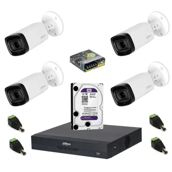 Sistem complet de supraveghere Dahua DH-4CEXT60M-5MP HDCVI cu 4 camere de exterior de 5MP, IR 60m, zoom motorizat 2.7-12mm, microfon