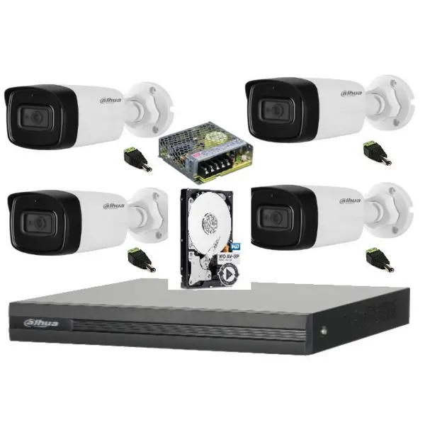 Sistem complet de supraveghere Dahua DH-4CEXT80MA-5MP HDCVI cu 4 camere de exterior de 5MP, 2.8mm, IR 80m, microfon