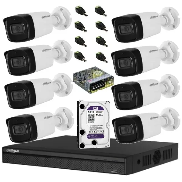 Sistem complet de supraveghere Dahua DH-8CEXT80MA-5MP HDCVI cu 8 camere de exterior de 5MP, 3.6mm, IR 80m, microfon