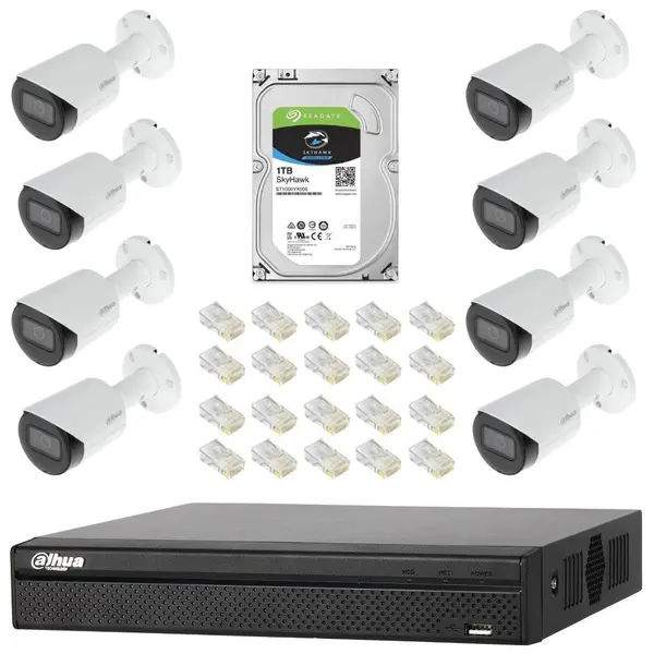 Sistem complet de supraveghere IP Dahua DH-8CEXT30MIP-2MP cu 8 camere de 2MP, IR 30m, Starlight, POE