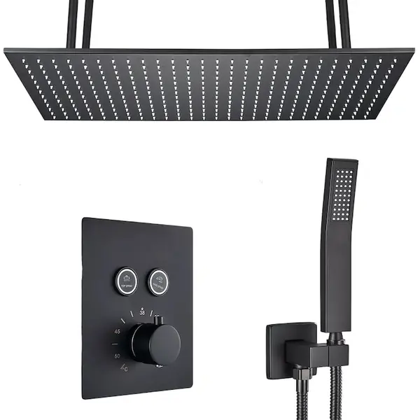 Sistem de Dus Baie BisDesign , Incastrabil cu Termostat, Functie SPA, Finisaj Negru Mat, 2 Functii de Curgere, Para Dus Tavan 40x80 cm
