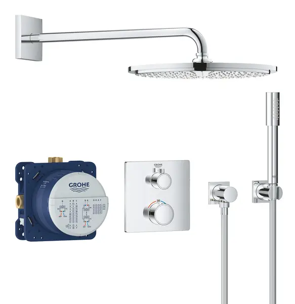 Sistem de dus Grohe Grohtherm Perfect 310 34730000, 1/2, incastrat, termostat, dus fix 310 mm, 1 pulverizare, anti-calcar, Crom