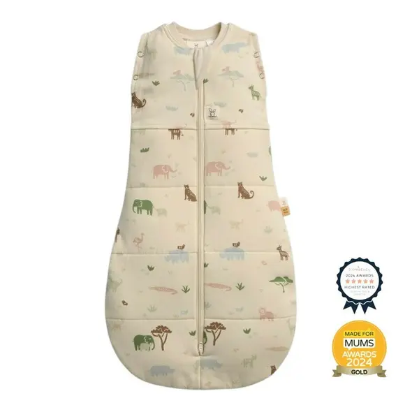 Sistem de infasat si sac de dormit, ErgoPouch, 2 in 1, 6-12 luni, 8-10 kg, TOG 2.5, Bumbac organic, Fermoar bidirectional, Transformabil, Lavabil la masina, Certificat non-toxic, Premiat in Australia, Model savana, Crem