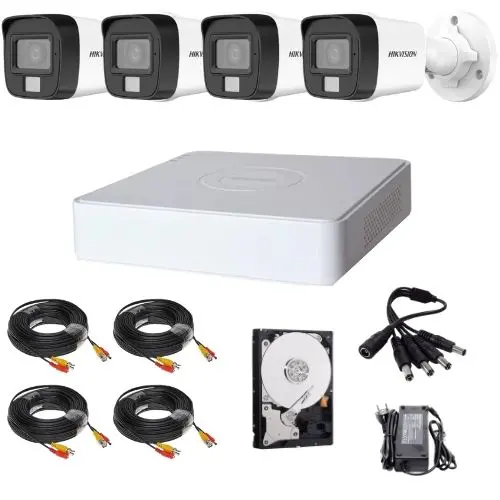 Sistem de supraveghere analog Hikvision 4 camere 5MP Dual Light IR 30m Lumina Alba 20m Audio, DVR 4 canale 5MP, HDD si accesorii