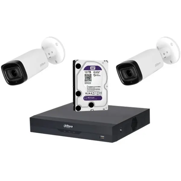 Sistem de supraveghere Dahua DH-2CEXT60M-5MP_HDD HDCVI cu HDD si 2 camere de exterior de 5MP, IR 60m, 2.7-12mm, microfon