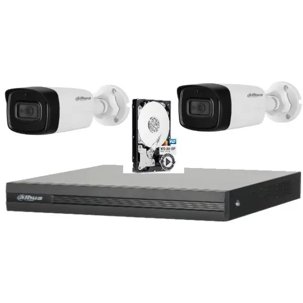 Sistem de supraveghere Dahua DH-2CEXT80MA-5MP_HDD HDCVI cu HDD si 2 camere de exterior de 5MP, 3.6mm, IR 80m, microfon