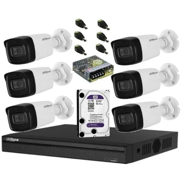 Sistem de supraveghere Dahua DH-6CEXT80MA-5MP HDCVI cu 6 camere de exterior de 5MP, 2.8mm, IR 80m, microfon