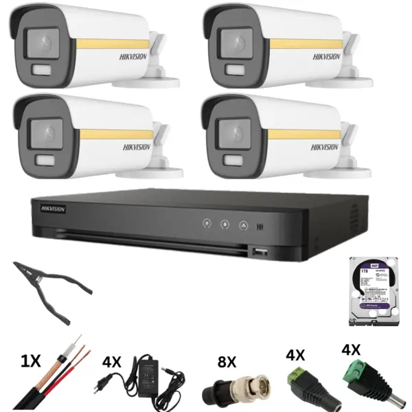 Sistem de supraveghere Hikvision 4k cu 4 camere, ColorVu 8 Megapixeli, Lumina Color 40m noaptea, DVR 4 canale 8 Megapixeli, Hard, Accesorii