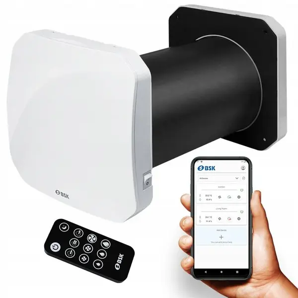 - Sistem de ventilatie cu recuperare de caldura BSK ZEPHYR MINI , Debit de aer 30 m3/h, Conexiune WiFi si telecomanda, cu flux alternativ si schimbator de caldura ceramic, diametru Ø94mm
