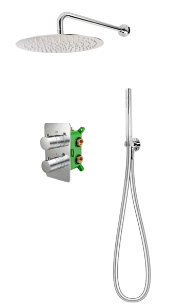 Sistem dus 6 in 1 termostatat Stabilla, BOX cu baterie termostatata incastrata 2 iesiri, cap dus fix, brat, para, furtun si racord pentru baterie incastrata, crom