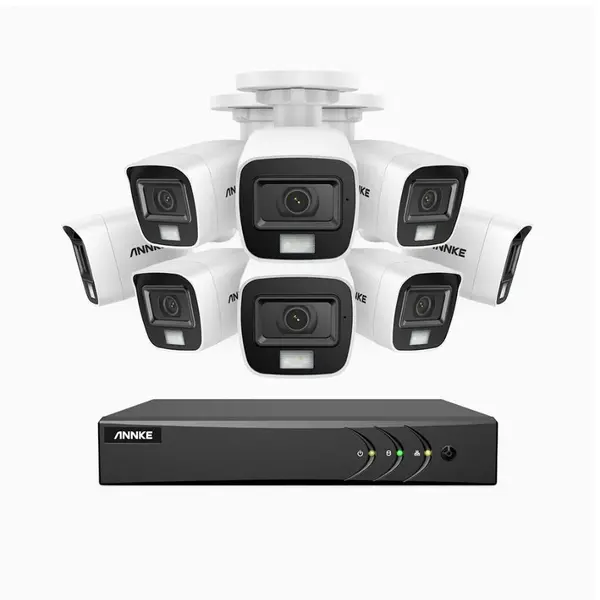 Sistem performant de supraveghere video ANNKE DW81KN+CR1CV*8, DVR 8 canale hibrid, 8 camere tip Bullet interior/exterior, 5MP, Ultra HD/2k+, lumina duala IR si alba, vedere nocturna, audio, rezistent la intemperii