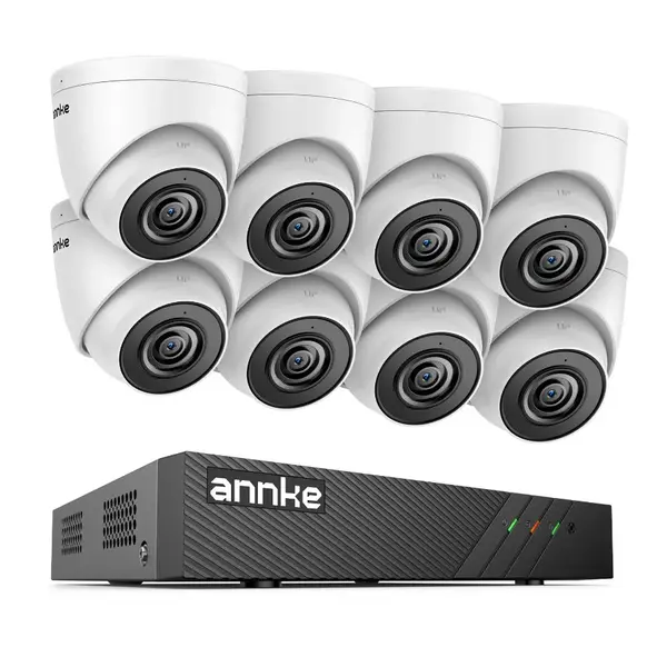 Sistem performant de supraveghere video ANNKE N98PBL+I51DS*8, PoE, NVR 8 canale, 8 camere tip Turret interior/exterior 5MP, Ultra HD/2k+, vedere nocturna IR, audio, rezistent la intemperii