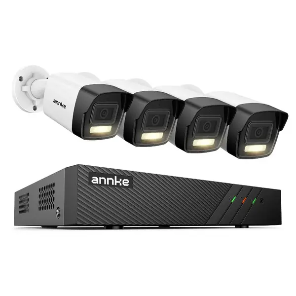 Sistem performant de supraveghere video ANNKE N98PBL+I51EL*4, PoE, NVR 8 canale, 4 camere tip Bullet interior/exterior 5MP, Ultra HD/2k+, vedere nocturna IR, audio, rezistent la intemperii
