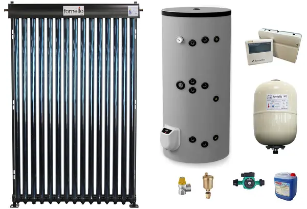 Sistem solar presurizat, panou Fornello 15 Tuburi Heat Pipe,boiler cu 2 serpentine si rezistenta electrica Eldom 150 litri cu montaj pe sol, pompa 25-60, controller, vas expansiune, antigel, supapa 1/2, aerisitor 1/2