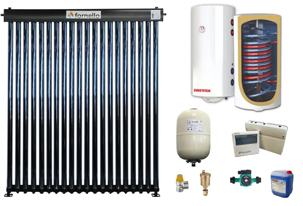 Sistem solar presurizat, panou Fornello 20 Tuburi Heat Pipe, boiler cu 2 serpentine si rezistenta electrica Sunsystem BB NL2 150 PRL, pompa 25-60, controller, vas expansiune, antigel, supapa 1/2, aerisitor 1/2