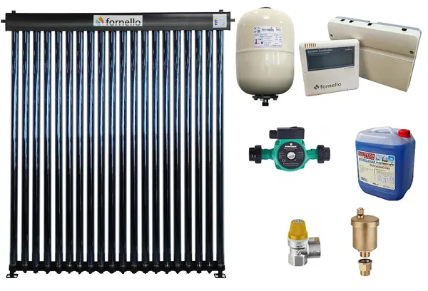 Sistem solar presurizat, panou Fornello 20 Tuburi Heat Pipe, pompa 25-60, controller, vas expansiune, antigel, supapa 1/2, aerisitor 1/2