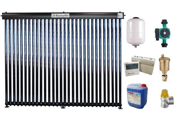 Sistem solar presurizat, panou Fornello 30 Tuburi Heat Pipe, pompa 25-60, controller, vas expansiune, antigel, supapa 1/2, aerisitor 1/2