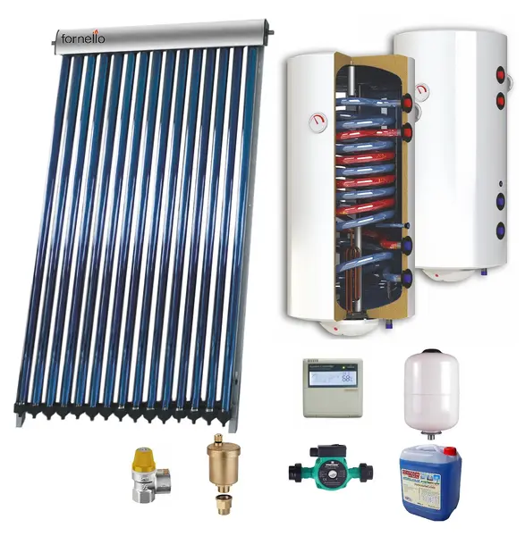 Sistem solar presurizat , panou Sunsystem VTC 30 tuburi, boiler cu 2 serpentine si rezistenta electrica Sunsystem 200 litri, pompa 25-60, controller, vas expansiune, antigel, supapa 1/2, aerisitor 1/2