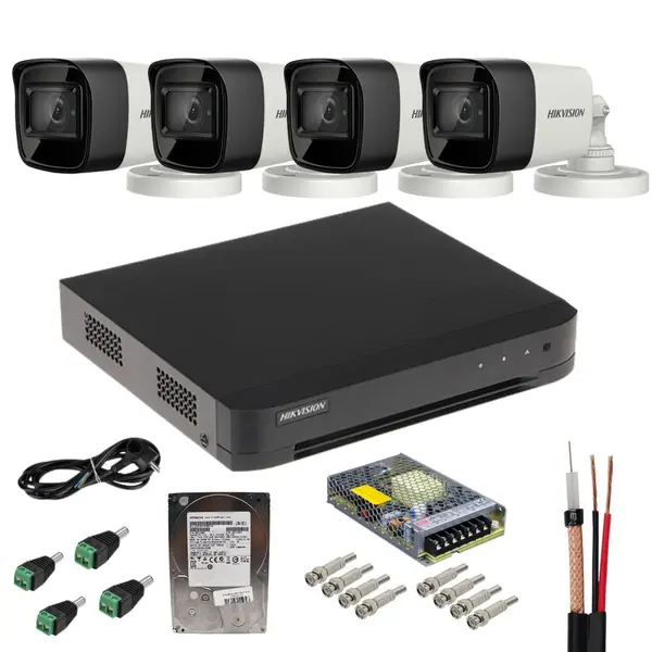 Sistem supraveghere analog Hikvision, 4 camere 8MP, lentila 2.8mm, IR 30m, DVR 4 canale, 8MP, AcuSense, Hard disk 500GB, Accesorii incluse